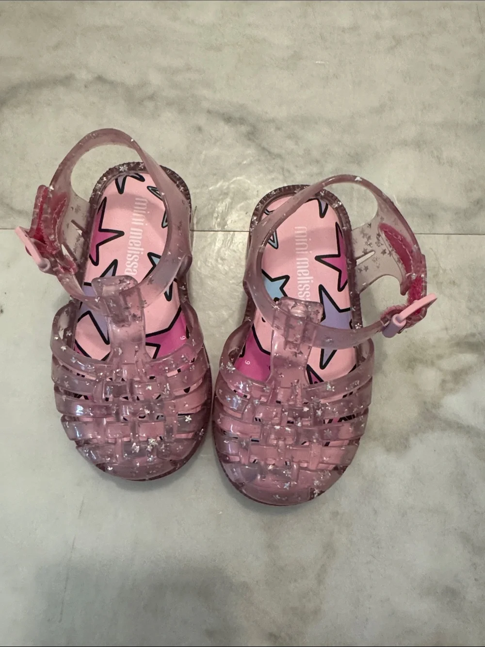 Mini Melissa Pink Glitter Jelly Sandals with Star Insole